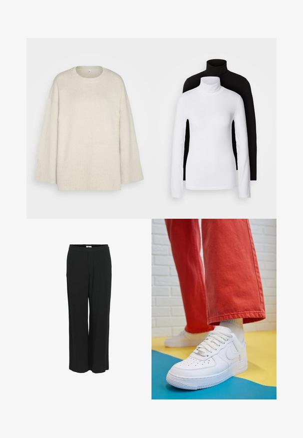 Lichtbeige sweater van zachte gebreide stof, met een ronde halslijn, verlaagde schouders en ribbelaccenten aan de zoom en mouwen.; Twee lange mouwen turtleneck tops, één wit en één zwart, gemaakt van een gladde, rekbare stof, beide met een slank passend ontwerp en hoge kraag.; Zwarte broek met wijde pijpen, gemaakt van een lichte stof. Voorzien van een elastische tailleband en een soepele textuur. Geen zakken of zichtbare patronen.; Witte leren sneaker met geperforeerde teenbox, gestructureerde zool en witte veters, gecombineerd met wijde rode broeken en een blauw-geel achtergrond.