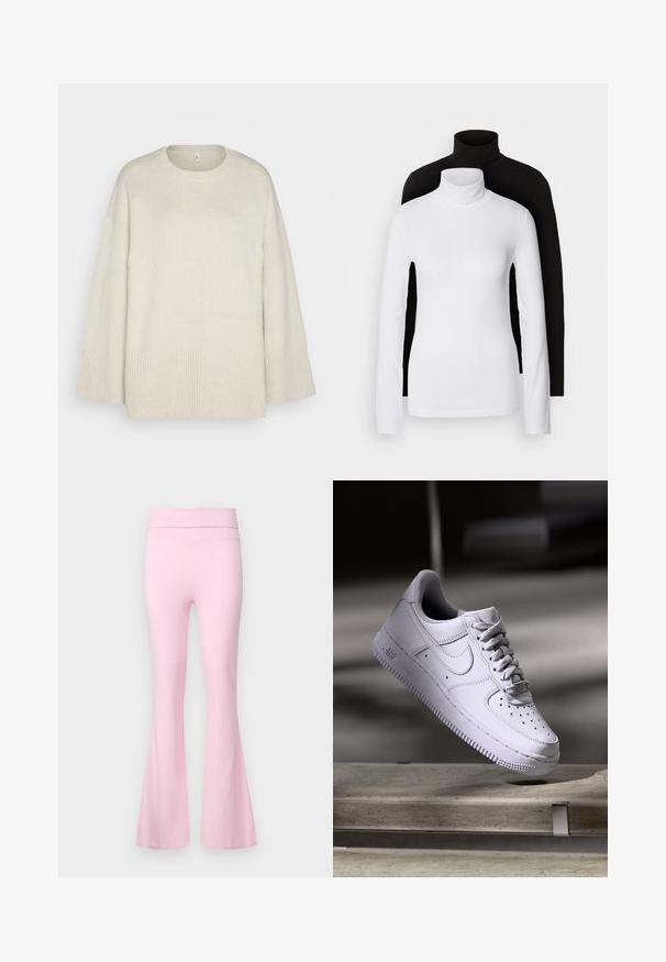 Jasno beżowy sweter wykonany z miękkiej dzianiny, z okrągłym dekoltem, opadającymi ramionami oraz prążkowanymi akcentami na hemie i rękawach.; Dwa długie topy z kołnierzem typu golf, jeden biały, a drugi czarny, wykonane z gładkiego, elastycznego materiału, oba o dopasowanym kroju i wysokich kołnierzach.; Gina Tricot - Spodnie materiałowe; Nike Sportswear AIR FORCE 1 07 biały