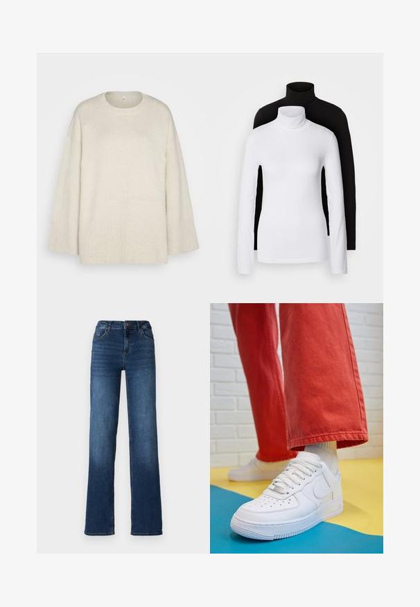 Sweater bege claro feito de um tecido de malha suave, com decote redondo, ombros caídos e detalhes em canelado na barra e nas mangas.; Duas blusas de gola alta de manga longa, uma branca e uma preta, feitas de um tecido liso e elástico, ambas com um design justo e colares altos.; Jeans de ganga azul escuro com um design de perna reta, cintura a meio do corpo e desbotamento subtil nas bainhas. Apresenta cinco bolsos e fecho com botão.; Sapatilha de couro branca com biqueira perfurada, sola texturizada e atacadores brancos, combinada com calças largas vermelhas e um fundo azul e amarelo.