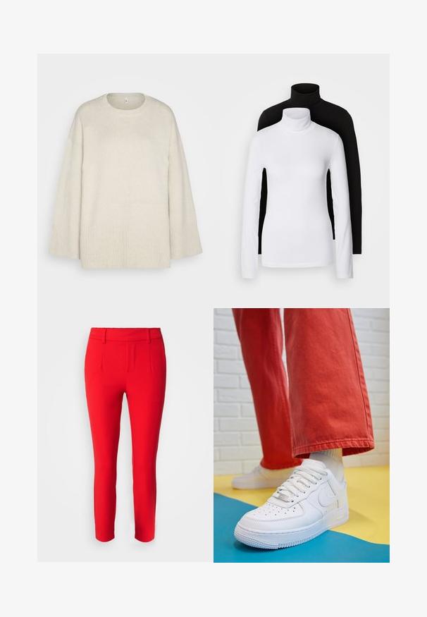Svetlobežový sveter vyrobený z mäkkej pleteniny, s okrúhlym výstrihom, spadnutými ramenami a rebrovanými detailmi na leme a rukávoch.; Dvoje dlhých rolákov, jeden biely a jeden čierny, vyrobených z hladkej, elastickej tkaniny, obidva so slim-fit strihom a vysokými goliermi.; Object OBJLISA SLIM PANT - Nohavice - flame scarlet; Biele kožené tenisky s perforovanou špičkou, textúrovanou podrážkou a bielymi šnúrkami, spárované so širokými červenými nohavicami na modrom a žltom pozadí.