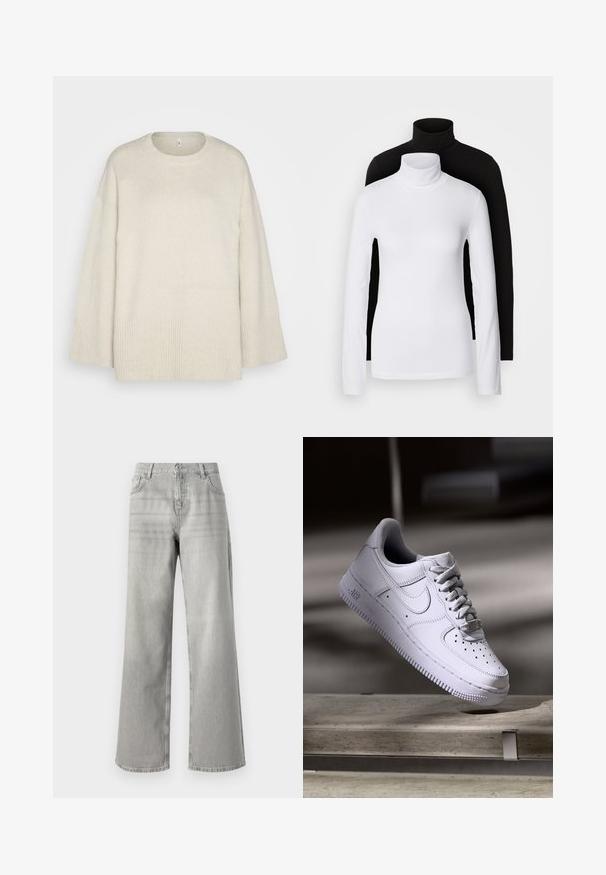 Light beige sweater made of soft knit fabric, with a round neckline, dropped shoulders, and ribbed accents at the hem and sleeves.; Two long-sleeve turtleneck tops, one white and one black, made of a smooth, stretchy fabric, both featuring slim-fitting design and high collars.; Gray wide-leg jeans with a high waist, made of denim. Features two front pockets and a clean, unembellished design.; Nike Sportswear AIR FORCE 1 07 - Trainers - white