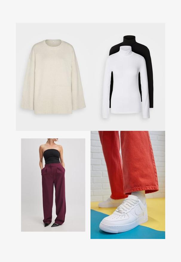 Svetlo bež pulover iz mehkega pletenega materiala, z okroglo izjemo, spuščenimi rameni in rebrastimi detajli na robu in rokavih.; Dva dolge rokave turtleneck majice, ena bela in ena črna, izdelani iz gladkega, raztegljivega materiala, oba imata slim-fit kroj in visoke ovratnike.; NA-KD Hlače - maroon; Beli usnjeni športni čevlji s perforiranim prstnim delom, teksturiranim podplatom in belimi vezalkami, v kombinaciji s širokimi rdečimi hlačami in modro-rumeno ozadje.