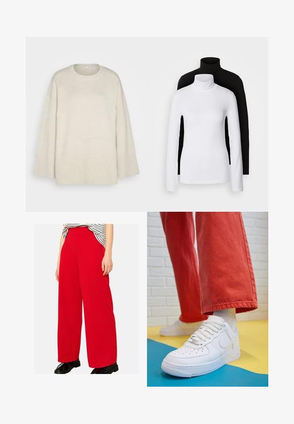Svetlo bež pulover iz mehkega pletenega materiala, z okroglo izjemo, spuščenimi rameni in rebrastimi detajli na robu in rokavih.; Dva dolge rokave turtleneck majice, ena bela in ena črna, izdelani iz gladkega, raztegljivega materiala, oba imata slim-fit kroj in visoke ovratnike.; Hlače širokih nogavica v svetlo rdeči tkanini, s visokim pasom in čistimi linijami. Material se zdi gladek, v kombinaciji z sijočimi črnimi čevlji.; Beli usnjeni športni čevlji s perforiranim prstnim delom, teksturiranim podplatom in belimi vezalkami, v kombinaciji s širokimi rdečimi hlačami in modro-rumeno ozadje.