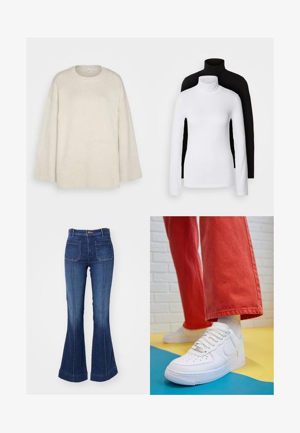 Maglione beige chiaro realizzato in morbido tessuto a maglia, con scollatura rotonda, spalle scese e dettagli a coste sull'orlo e sulle maniche.; Due maglie a manica lunga con collo alto, una bianca e una nera, realizzate in un tessuto morbido e elasticizzato, entrambe con un design aderente e colli alti.; Jeans a vita alta e a zampa d'elefante in denim blu scuro con cuciture bianche a contrasto. Presentano due tasche posteriori e una chiusura con bottone in vita.; Sneaker bianco in pelle con punta perforata, suola testurizzata e lacci bianchi, abbinati a pantaloni rossi larghi e uno sfondo blu e giallo.