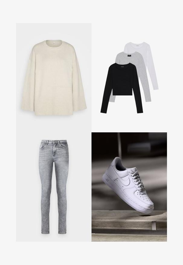 Ljus beige tröja gjord av mjukt stickat tyg, med rund halsringning, sänkta axlar och ribbade detaljer vid nederkant och ärmar.; Tre långärmade tröjor staplade: svart, grå och vit. Var och en har en rund halsringning och en kort design med mjukt, lätt material.; Grå denim skinny jeans med hög midja, fem fickor och subtila blekningsdetaljer. Har en dragkedja och knappstängning.; Vit Nike Air Force 1-sneaker som svävar ovanför en betongyta med skuggor i en minimalistisk miljö.