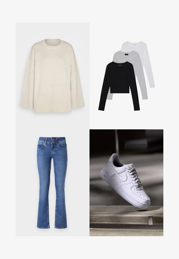 Svetlo bež pulover iz mehkega pletenega materiala, z okroglo izjemo, spuščenimi rameni in rebrastimi detajli na robu in rokavih.; Tri dolga rokava zložena: črna, siva in bela. Vsaka ima okroglo izreznico in skrajšan dizajn z gladkim, lahkotnim materialom.; Modri kavbojke z zasnovo razširjenega noga, z dvojnim gumbom za zapiranje, petimi žepi in subtilnim praskanjem spredaj.; Bela superga Nike Air Force 1, ki lebdi nad betonsko površino s sencami v minimalističnem okolju.