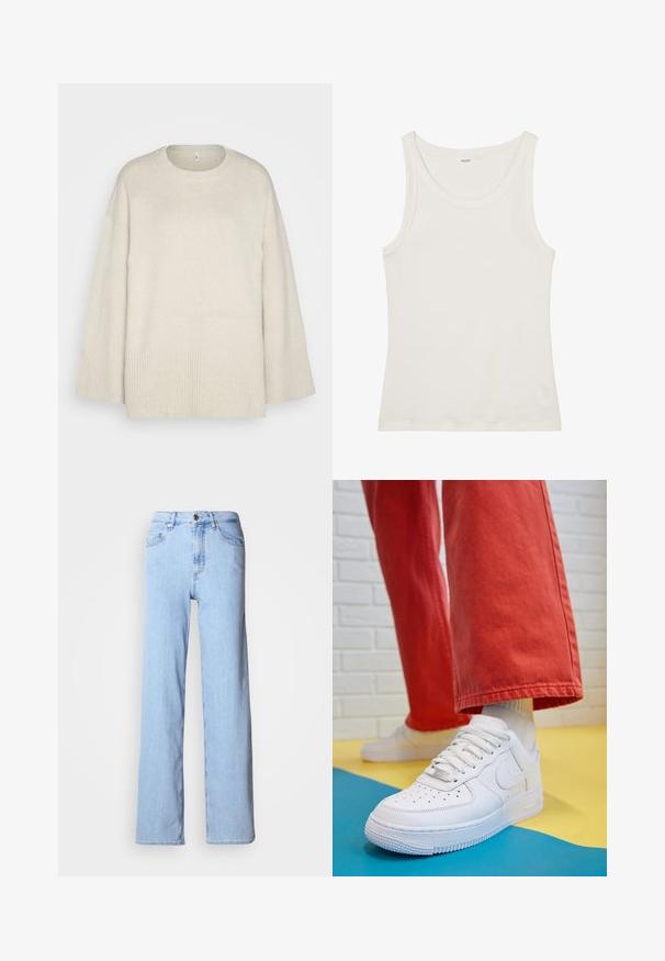 Lys beige genser laget av myk strikket stoff, med rund hals, senkede skuldre og ribbestrikkede detaljer ved kanten og ermene.; Hvit bomullstopp med vid halsutskjæring og tynne skulderstropper. Glatt tekstur uten synlige mønstre eller dekorasjoner.; Lyseblå vide jeans laget av denim. Har front knappelukking og fem lommer, med broderte detaljer langs sømmene.; Hvit lær sneakers med perforert tåboks, teksturert såle og hvite snørebånd, paret med vide røde bukser og en blå og gul bakgrunn.