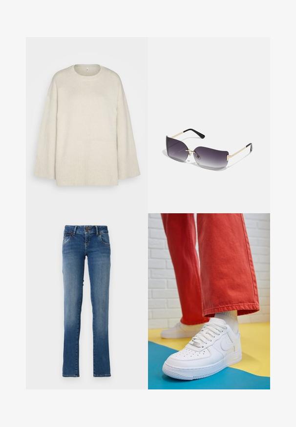 Suéter beige claro hecho de un suave tejido de punto, con cuello redondo, hombros caídos y acentos acanalados en el dobladillo y las mangas.; Jeans de denim azul con un diseño de pierna recta, dos bolsillos frontales y cintura abotonada. Ligera decoloración en los muslos y dobladillo cosido.; Zapatilla de cuero blanco con caja de dedos perforada, suela texturizada y cordones blancos, combinada con pantalones rojos amplios y un fondo azul y amarillo.; Gafas de sol con lentes de graduación gris, montura metálica dorada y acentos de plástico negro. Lentes con una forma de mariposa única y varillas delgadas.; Aretes de aro de oro con un acabado suave y brillante. Diseño circular que presenta un pequeño post y un respaldo transparente para un uso seguro.