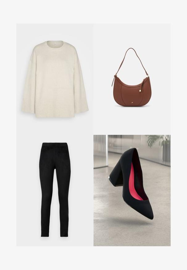 Light beige sweater made of soft knit fabric, with a round neckline, dropped shoulders, and ribbed accents at the hem and sleeves.; Black leggings made of soft, stretchy fabric, featuring a high waistband and a slim fit. Smooth texture with no visible patterns or embellishments.; Black high heel shoe with a pointed toe, textured surface, and a vibrant pink interior. Features a chunky heel with silver accent.; Brown faux leather shoulder bag with curved shape, minimal stitching, and a gold-tone hardware accent. Features a top zipper closure and adjustable strap.; Gold hoop earrings with a smooth, shiny finish. Circular design featuring a small post and clear backing for secure wear.