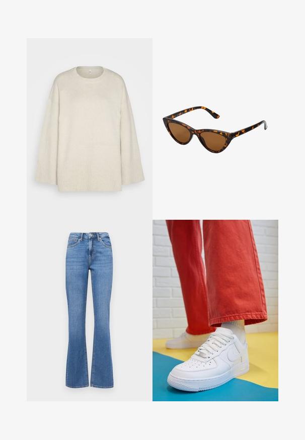 Lichtbeige sweater van zachte gebreide stof, met een ronde halslijn, verlaagde schouders en ribbelaccenten aan de zoom en mouwen.; Jeans in mediumblauwe denim, flared ontwerp, hoge taille, voor- en achterzakken, zichtbare stiksels, gladde textuur, klassieke knoop- en ritssluiting.; Witte leren sneaker met geperforeerde teenbox, gestructureerde zool en witte veters, gecombineerd met wijde rode broeken en een blauw-geel achtergrond.; Cat-eye zonnebril met een zwart en oranje schildpadframe, bruine lenzen en slanke, puntige uiteinden. Bevat een minimalistisch logo op de poot.
