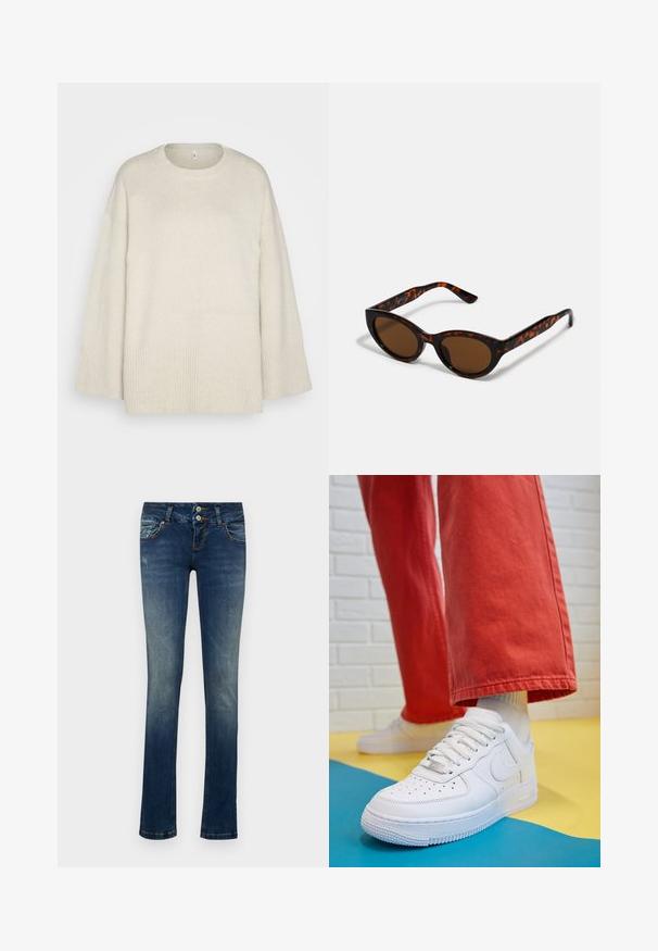 Suéter beige claro hecho de un suave tejido de punto, con cuello redondo, hombros caídos y acentos acanalados en el dobladillo y las mangas.; Pantalones vaqueros de denim azul con un corte ajustado, que presentan un cierre de dos botones, lavado descolorido y ligeros detalles desgastados en los bolsillos frontales.; Zapatilla de cuero blanco con caja de dedos perforada, suela texturizada y cordones blancos, combinada con pantalones rojos amplios y un fondo azul y amarillo.; Gafas de sol de carey marrón con una forma vintage de ojo de gato y lentes marrones. Presentan brazos curvados con acentos rojos.; Aretes de aro de oro con un acabado suave y brillante. Diseño circular que presenta un pequeño post y un respaldo transparente para un uso seguro.