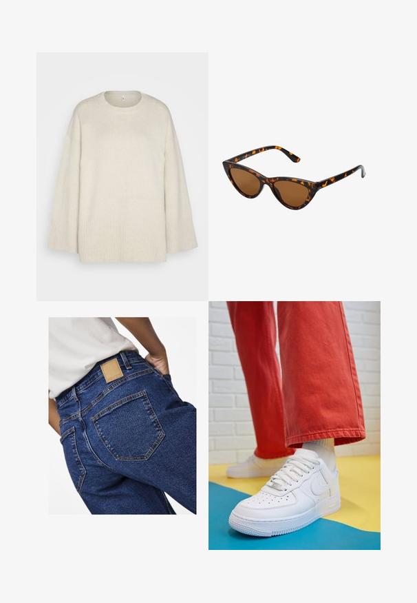 Light beige sweater made of soft knit fabric, with a round neckline, dropped shoulders, and ribbed accents at the hem and sleeves.; High-waisted blue denim jeans with a smooth texture, featuring back pockets and a leather brand patch on the waistband.; White leather sneaker with perforated toe box, textured sole, and white laces, paired with wide red pants and a blue and yellow background.; Cat-eye sunglasses with a black and orange tortoiseshell frame, brown lenses, and sleek, pointed tips. Features a minimal logo on the temple.