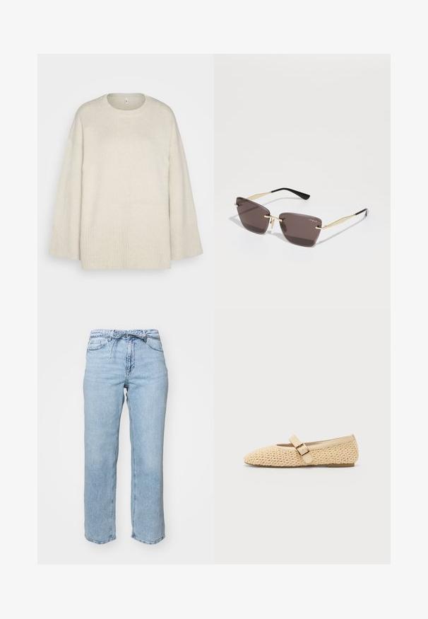 Maglione beige chiaro realizzato in morbido tessuto a maglia, con scollatura rotonda, spalle scese e dettagli a coste sull'orlo e sulle maniche.; Jeans in denim azzurro chiaro con taglio relaxed straight-leg, cinque tasche e vita con passanti per cintura. Finitura distressed con leggera scoloritura.; Ballerine in tessuto beige con punta appuntita, caratterizzate da una fascia decorativa con fibbia e un profilo basso. Texture morbida con un design semplice.; Occhiali da sole quadrati con sfumature marroni e dettagli in metallo dorato, dotati di aste sottili e angolari e di una forma distintiva. Logo inciso sulla lente.; Borsa plissettata gialla in morbida pelle ecologica, con una forma morbida, una sola tracolla e un design superiore arricciato.