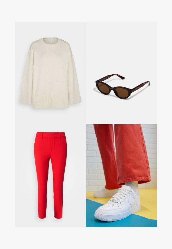 Világos bézs pulóver puha kötött anyagból, kerek nyakkivágással, eséses vállakkal és bordás díszítéssel az alján és az ujjak végén.; Object OBJLISA - Nadrágok - flame scarlet; Fehér bőr edzőcipő perforált orral, texturált talppal és fehér fűzővel, széles vörös nadrággal párosítva, kék és sárga háttérrel.; Barna teknősbéka napszemüveg vintage macska szemformával és barna lencsékkel. Íves karokkal rendelkezik, amelyek piros részletekkel vannak ellátva.; Arany fülbevalók sima, fényes felülettel. Kör alakú dizájn, amely kis kapoccsal és átlátszó tartozékkal rendelkezik a biztonságos viselés érdekében.