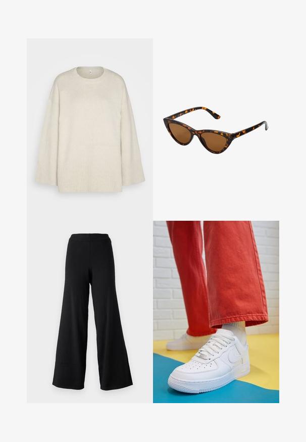 Gaišs beidzis džemperis, kas izgatavots no mīksta adījuma, ar apaļu kakla izgriezumu, nolaistām plecu līnijām un ribotām apdari ap apakšmalu un piedurknēm.; Melni plati bikses ar mīkstu tekstūru, ar augstu elastīgu jostu un taisnu, plūstošu dizainu, ideāli piemērotas komfortam un kustībai.; Baltās ādas kedas ar perforētu purngalu, teksturētu zoli un baltām auklām, apvienotas ar platām sarkanām biksēm un zilu un dzeltenu fona.; Kaķa acs saulesbrilles ar melnu un oranžu bruņurupuču rakstu rāmi, brūnām lēcām un elegantiem, norādītiem galiem. Rāmī ir minimālists logos uz tempļa.