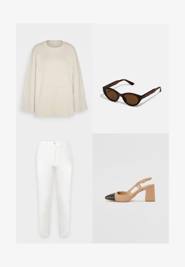 Jasno beżowy sweter wykonany z miękkiej dzianiny, z okrągłym dekoltem, opadającymi ramionami oraz prążkowanymi akcentami na hemie i rękawach.; Białe bawełniane spodnie o dopasowanym kroju, z prostym zapięciem na guzik, płaskim przodem i zwężanymi nogawkami. Tkanina wydaje się gładka, o minimalnej fakturze.; Beżowe buty typu slingback z czarnym noskiem, kwadratowym wysokim obcasem i dwoma paskami, wykonane z gładkiego materiału.; Brązowe okulary przeciwsłoneczne w stylu tortoishell o klasycznym kształcie kociego oka i brązowych soczewkach. Posiadają zakrzywione ramiona z czerwonymi akcentami.