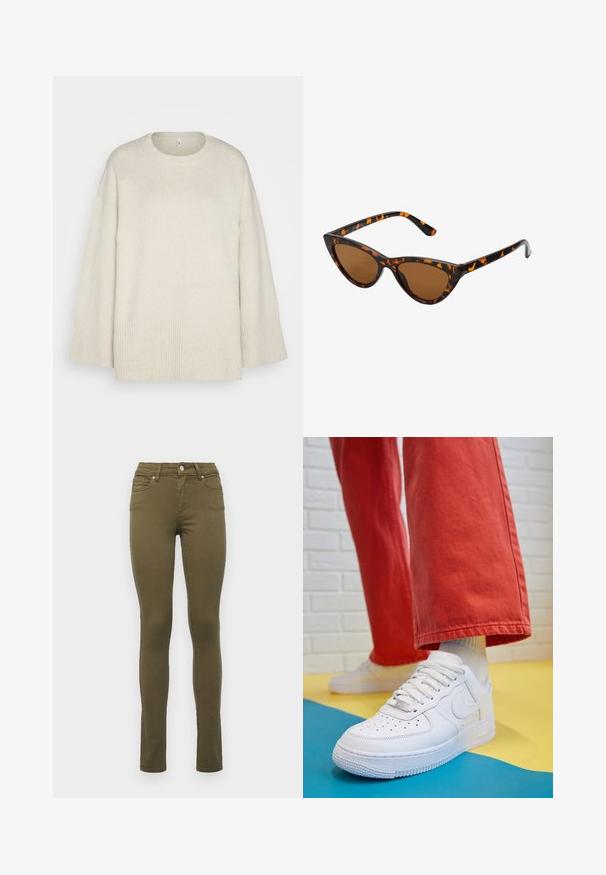 Helle beigefarbene Strickjacke aus weichem Strickmaterial, mit runder Ausschnittform, überschnittenen Schultern und Rippdetails am Saum und an den Ärmeln.; Olivgrüne Slim-Fit-Jeans aus Baumwollmischung mit normaler Leibhöhe, fünf Taschen und dezenten Nähten entlang der Säume.; Weiße Leder-Sneaker mit perforiertem Zehenbereich, strukturiertem Sohlen und weißen Schnürsenkeln, kombiniert mit weiten roten Hosen und einem blauen und gelben Hintergrund.; Katzenaugen-Sonnenbrille mit einem schwarz-orangenen Schildpattrahmen, braunen Gläsern und schlanken, spitzen Enden. Verfügt über ein minimalistisches Logo am Bügel.
