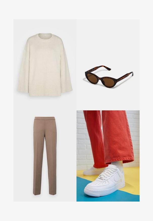 Hele beež svetar, mis on valmistatud pehmest kudumiskangast, ümmarguse kaelusega, langetatud õlgadega ja ribakujuliste detailidega hemmi ja varrukate ääres.; Pruunid, kehaümberlükkavad püksid siledast, elastsetest materjalidest. Sirged säärtega ja lame vöökoht, ilma nähtava riistvara või taskuteta.; Valge nahast tennis, millel on perforeeritud varvas, tekstureeritud tallad ja valged shoelaces, kombineeritud laia punase pükste ja sinise ning kollase taustaga.; Pruunid kilpkonnamustriga päikeseprillid, mille vintage-kassikujuline kuju ja pruunid läätsed. Omavad kaardus varsi punaste aktsentidega.; Kuldne rõngassõrmused sileda ja läikiva viimistlusega. Ringikujuline disain, millel on väike post ja selge tagumine külg, et tagada kindel kandmine.
