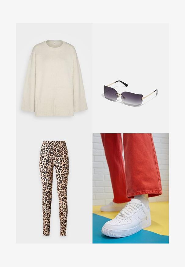 Maglione beige chiaro realizzato in morbido tessuto a maglia, con scollatura rotonda, spalle scese e dettagli a coste sull'orlo e sulle maniche.; ONLY ONLKIM - Leggings - cuban sand; Sneaker bianco in pelle con punta perforata, suola testurizzata e lacci bianchi, abbinati a pantaloni rossi larghi e uno sfondo blu e giallo.; Occhiali da sole con lenti a gradiente grigio, montatura in metallo dorato e dettagli in plastica nera. Lenti a forma di farfalla uniche con stanghette sottili.; Orecchini a cerchio in oro con una finitura liscia e lucida. Design circolare con un piccolo perno e una chiusura trasparente per un indosso sicuro.