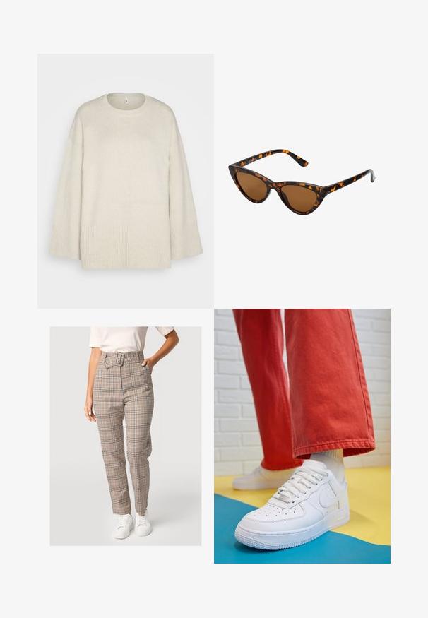 Lichtbeige sweater van zachte gebreide stof, met een ronde halslijn, verlaagde schouders en ribbelaccenten aan de zoom en mouwen.; Hoge taille gebloemde broek in beige met blauwe en oranje accenten, met een riemdetail, rechte pijpen en een gladde stofstructuur.; Witte leren sneaker met geperforeerde teenbox, gestructureerde zool en witte veters, gecombineerd met wijde rode broeken en een blauw-geel achtergrond.; Cat-eye zonnebril met een zwart en oranje schildpadframe, bruine lenzen en slanke, puntige uiteinden. Bevat een minimalistisch logo op de poot.