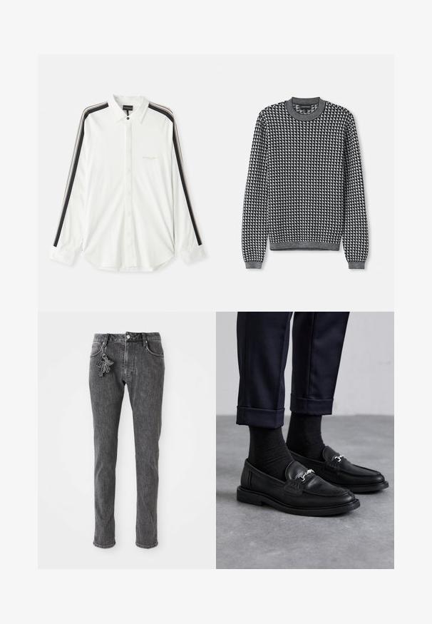 Black and white patterned sweater with a round neckline, long sleeves, and ribbed cuffs. The texture appears knitted with a geometric design.; White button-up shirt with black and beige stripes on sleeves, pointed collar, and embroidered brand logo on the chest.; Black denim jeans with a slim fit, featuring a front button closure, five pockets, and a small keychain detail on the left pocket.; Black leather loafers featuring a textured finish, silver hardware detail, paired with dark socks and cuffed navy trousers.