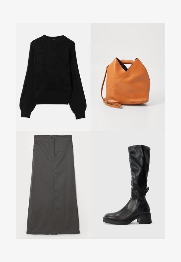 Czarny sweter z teksturowanym wzorem plecionki, z prążkowanym okrągłym dekoltem i luźnymi balonowymi rękawami o gładkim wykończeniu.; Szara spódnica wykonana z lekkiego materiału, o prostym kroju, z przednimi kieszeniami, pojedynczym zapięciem na guzik i subtelnymi detalami przeszycia.; Czarne kozaki za kolano wykonane z gładkiej skóry, z blokowym obcasem, okrągłym noskiem i przeszywanymi detalami wzdłuż szwów.; Skórzana torebka w kolorze brązowym z unikalnym trójkątnym zagięciem, z górnym uchwytem i odpinanym paskiem na ramię na białym tle.