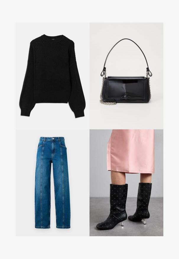 Črna pulover z teksturiranim pletenjem, rebrastim krojem pri vratu in oversized balonskimi rokavi z gladkim zaključkom.; Visoko pasom modre kavbojke širokih nogavic, s sprednjimi navpičnimi šivi, stranskimi žepi, luknjami za pas in gumbnim zapiranjem.; Črne škornje do kolen, izdelane iz gladkega materiala, z diskretnim križnim vzorcem in srebrnim peto. V kombinaciji z rožnato satenasto obleko.; Črna lakirana usnjena torbica pravokotne oblike, s verižnim trakom in značilnim kovinskim detajlom na sredini. Gladka textura.