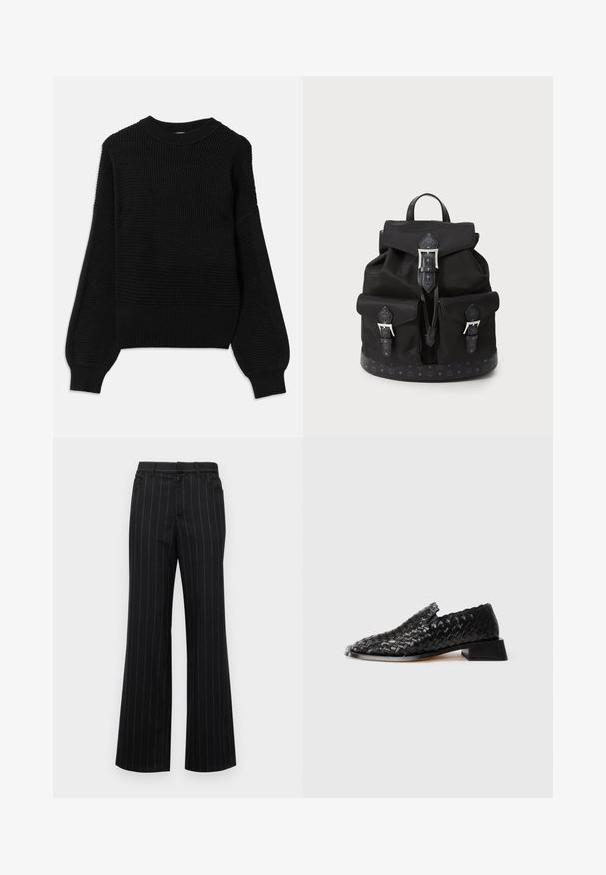 Black sweater featuring a textured knit design, ribbed crew neckline, and oversized balloon sleeves with a smooth finish.; Won Hundred LENA PIN STRIPE - Trousers - pin stripe; Black leather woven slip-on shoe with low block heel and scalloped edge detail, displayed on a white background.; Black nylon backpack with two front buckle pockets, a top flap with a buckle, and a patterned base and trim detailing.