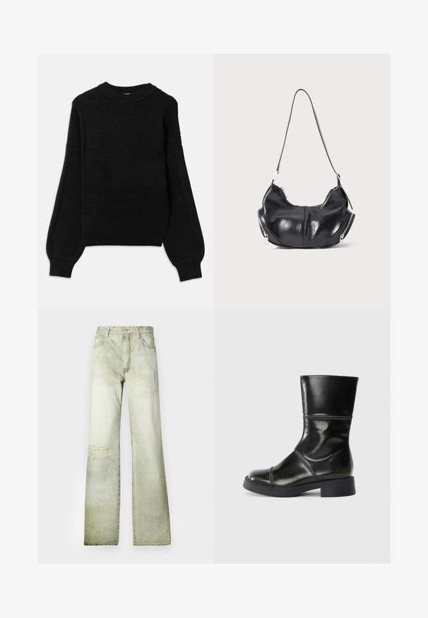 Crna pulover s teksturiranim pletenim dizajnom, rebrastim okruglim izrezom i prevelikim balon rukavima s glatkom završnom obradom.; Izblijedjeli zeleni traperice s visokim strukom, širokim nogavicama i izgužvanim mrljama. Imaju zatvaranje dugmetom i pet džepova.; Crne kožne gležnjače s zaobljenim vrhom, glatkom završnom obradom, kontrastnim šavovima i blok petom, koje imaju blago sužen siluetu.; Crna kožna torba u obliku polumjeseca s srebrnim patentnim zatvaračima s obje strane i jednim remenom.