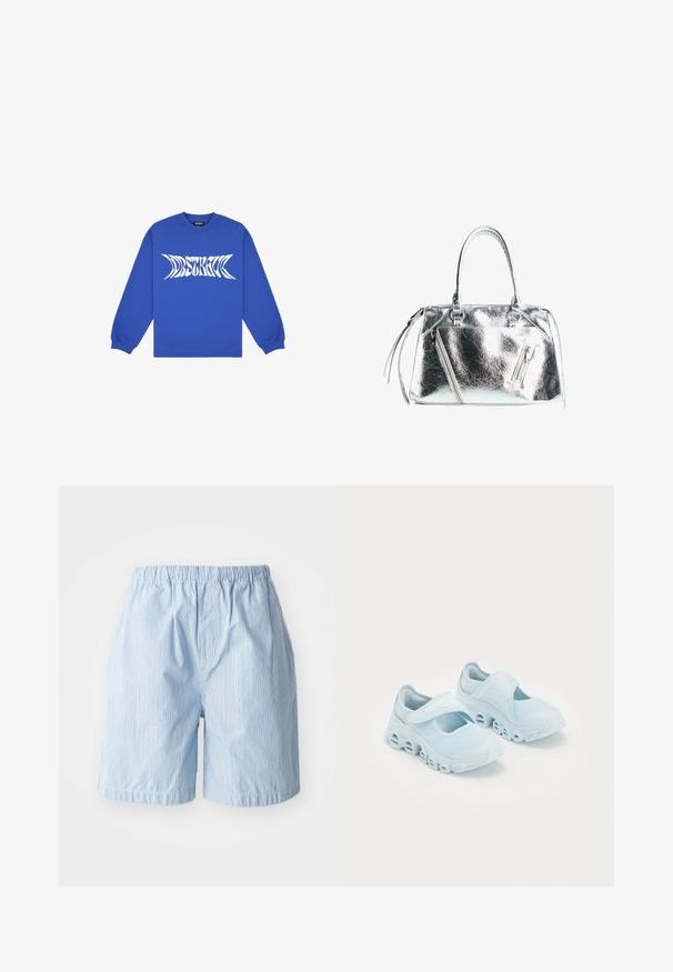 Blauwe sweatshirt met lange mouwen, gemaakt van katoen, met een gedurfde witte grafische tekstontwerp over de voorkant en ribbelboorden bij de hals en mouwen.; Lichtblauwe shorts van stof met verticale streepdessin. Elastische tailleband en opgerolde uiteinden, die een eenvoudige, ontspannen stijl uitstralen.; Lichtblauwe sneakers met mesh-stof, opvallende uitsparingen in de zool en een klittenbandsluiting bovenop voor een stevige pasvorm.; Metalen zilveren handtas met een gestructureerde vorm, twee bovenhandvaten en ritszakken aan de voorkant. Gladde, glanzende textuur.
