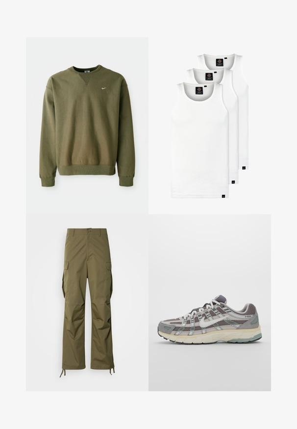 Olivově zelená mikina Nike s kulatým výstřihem a žebrovanými manžetami, vystavená na jednobarevném bílém pozadí.; Tři bílé žebrované tílka vyrobené z bavlny. Mají kulatý výstřih a malé černé štítky poblíž lemu. Dostupné v několika velikostech.; Olivově zelené cargo kalhoty vyrobené z odolného materiálu, s rovnými nohavicemi, bočními kapsami a nastavitelnými šňůrkami na kotnících.; Šedá sportovní obuv s vrchní částí z mikrovlákna a semiše, bílými akcenty, polstrovanou podrážkou a jedinečným designem s reflexními prvky.