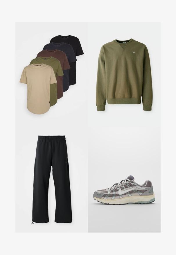 Olive green Nike sweatshirt with a crew neckline and ribbed cuffs, displayed against a plain white background.; Five t-shirts arranged in gradient colors: beige, olive, brown, dark blue, and black. Made of soft cotton with short sleeves and round neck.; Black wide-leg pants made of soft fabric, featuring an elastic waistband and drawstring, with side pockets and a smooth texture.; Gray athletic shoe featuring a mesh and suede upper, white accents, a cushioned sole, and a distinctive design with reflective elements.