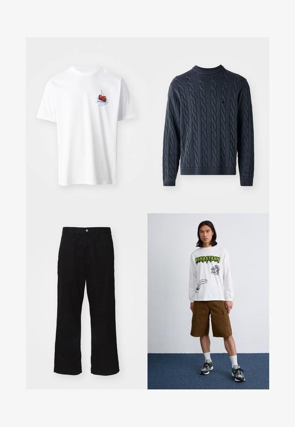 Donkerblauwe gebreide trui met een kabelpatroon, ronde hals en geribde manchetten en onderkant. Gemaakt van een textuurstof voor warmte.; Wit katoenen T-shirt met een rode kers graphic met groene bladeren en blauwe tekst op de linkerborst. Korte mouwen en ronde hals.; Zwarte wijde broek gemaakt van een katoenmix, met een knoopsluiting en een recht model met minimaal zichtbare stiksels.; Wit T-shirt met lange mouwen en zwart-groene graphics, gecombineerd met bruine cargoshorts en multicolore sneakers. Effen achtergrond.