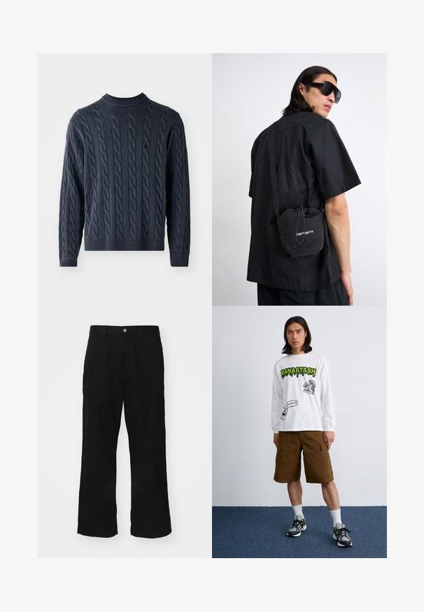 Donkerblauwe gebreide trui met een kabelpatroon, ronde hals en geribde manchetten en onderkant. Gemaakt van een textuurstof voor warmte.; Zwarte wijde broek gemaakt van een katoenmix, met een knoopsluiting en een recht model met minimaal zichtbare stiksels.; Wit T-shirt met lange mouwen en zwart-groene graphics, gecombineerd met bruine cargoshorts en multicolore sneakers. Effen achtergrond.; Zwarte T-shirt met korte mouwen, gedragen door een persoon, gecombineerd met een kleine zwarte trekkoordtas met een wit logo. De omgeving is neutraal en minimalistisch.