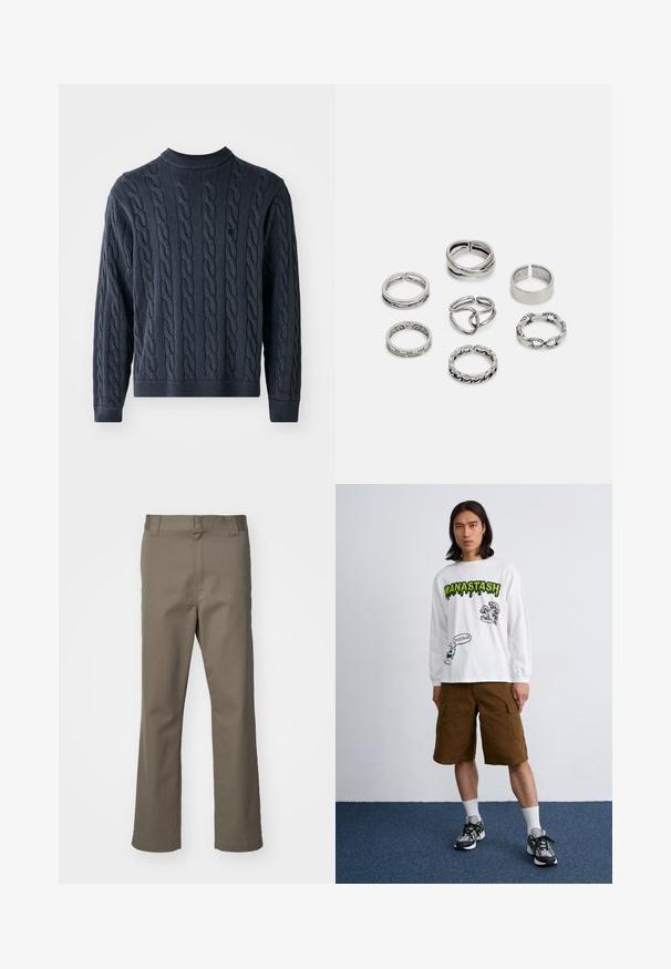 Navy blue knitted sweater featuring a cable pattern, crew neck, and ribbed cuffs and hem. Made of textured fabric for warmth.; Brown straight-leg trousers with belt loops, front zipper, and no visible pockets, displayed on a white background.; Long-sleeve white t-shirt with black and green graphics, paired with brown cargo shorts and multicolored sneakers. Plain background.; Set of seven silver rings featuring various designs, including twisted, linked, and engraved patterns. Different shapes and widths.