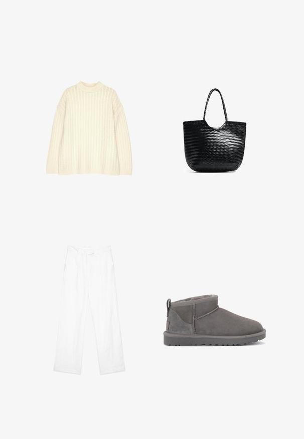 Kreminės spalvos megztinis su ribotu tekstūru, aukštu kaklu ir nusileidusiomis pečių siūlėmis. Dizainas pasižymi laisvu siluetu ir storomis rankogaliais.; Balti lino kelnės su laisvu siluetu, tiesaus dizaino kojomis, priekinėmis kišenėmis ir lygiu liemeniu. Visas paviršius glotnus.; Pilko zomšo kulkšnai, sušvelnintu vidiniu pamušalu, minimaliais siūlais ir formuotu guminio pado. Yra traukimo rankena gale.; Juoda pintinė totė su apvaliu viršumi, šoninėmis siūlėmis ir dviem pynėmis rankenomis. Yra tekstūruotas raštas ir erdvus vidus.