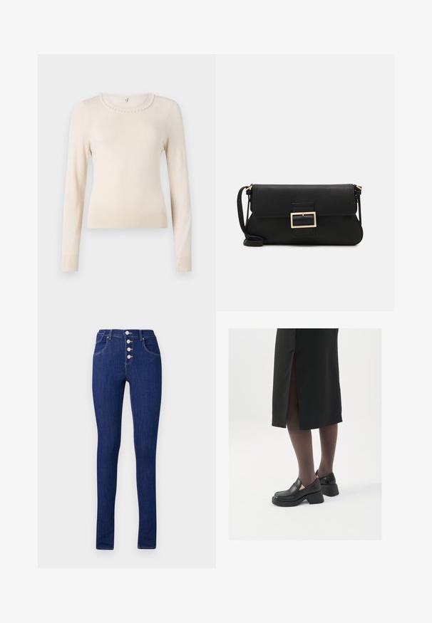 Cremefarbener Pulli mit langen Ärmeln und rundem Halsausschnitt, verziert mit einem Perlenakzent am Kragen sowie gerippten Bündchen und Saum. Weiche Textur.; Schmale Jeans aus dunkelblauem Denim mit hoher Taille, einem Knopfverschluss mit fünf silbernen Knöpfen und minimalistischen Gesäßtaschen.; Schwarze Lederschuhe mit abgerundetem Zeh, dicker Blockabsatz und elastischen seitlichen Akzenten, kombiniert mit dunklen Strumpfhosen und einem schwarzen Rock mit Schlitz.; Schwarze Leder-Clutch mit Klappe und goldfarbenem Metallschnallen-Detail. Enthält einen schwarzen Riemen und ein schlankes, minimalistisches Design.; Silberne Creolen mit minimalistischem Design. Rundform, glatte Oberfläche und dünnes Profil. Leichtgewichtig mit hochglänzender Oberfläche.