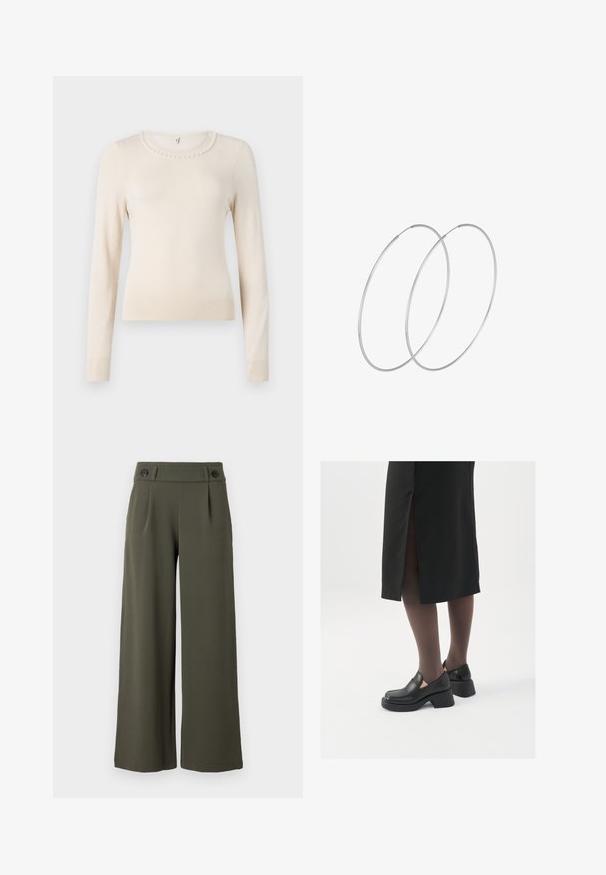 Krem pulover s dolgimi rokavi in okroglim izrezom, ki ima biserne detajle okoli ovratnika ter rebraste manšete in spodnji rob. Mehka tekstura.; Hlače s širokimi nogavicami, olivno zelene barve, narejene iz gladkega tkiva; imajo dva črna gumba na pasu in sprednje pliše za dodatne podrobnosti.; Črne usnjene čevlje s zaobljenim prstom, debelim blokastim petama in elastičnimi stranskimi detajli, v kombinaciji s temno nogavicami in črno krilo z razporkom.; Srebrne uhane v obliki obroča z minimalističnim dizajnom. Krožna oblika, gladka tekstura in tanek profil. Lahki s poliranim zaključkom.