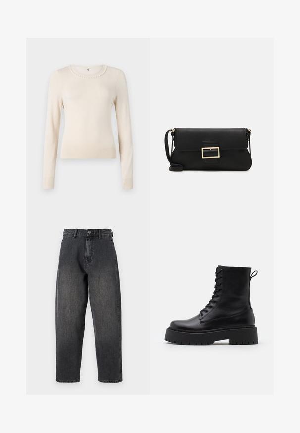 Cream long-sleeve sweater with a round neck, featuring a pearl accent around the collar and ribbed cuffs and hem. Soft texture.; Black denim trousers with a relaxed fit, five-pocket design, and a button closure, featuring a faded finish and straight leg cut.; Black leather ankle boots with a round toe, lace-up front, and a thick rubber sole featuring a textured tread. Pull tab at the back.; Black leather clutch bag with a flap and a gold metal buckle detail. Includes a black strap and a sleek, minimalist design.; Silver hoop earrings with a minimalist design. Circular shape, smooth texture, and thin profile. Lightweight with a polished finish.