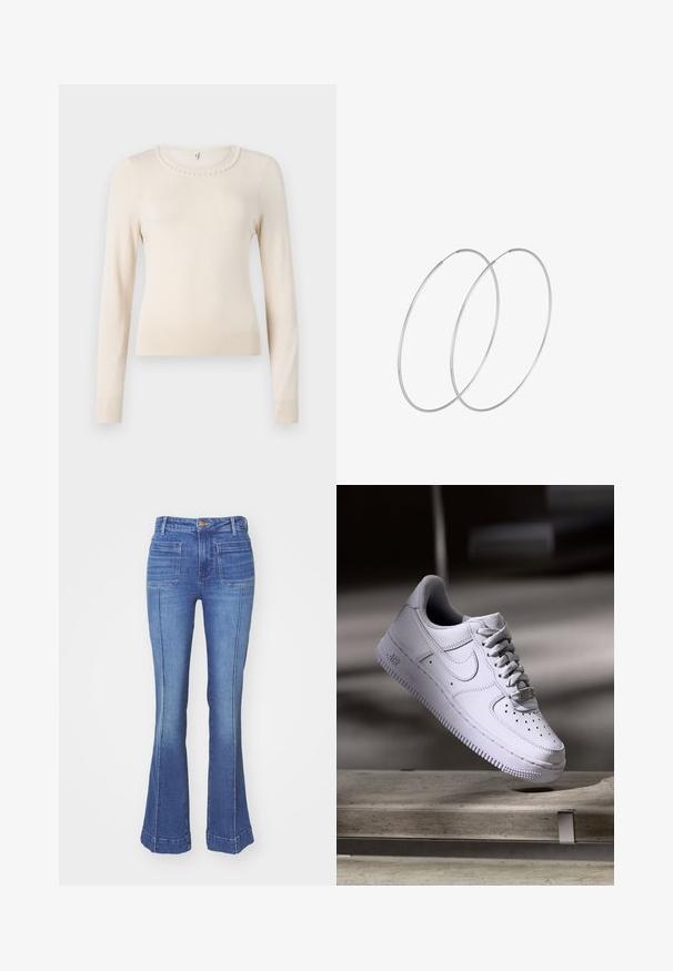 Cream long-sleeve sweater with a round neck, featuring a pearl accent around the collar and ribbed cuffs and hem. Soft texture.; Flared denim jeans in medium blue wash, featuring a high waist, five pockets, and visible stitching along the flared hem.; White Nike Air Force 1 sneaker levitating above a concrete surface with shadows in a minimalist setting.; Silver hoop earrings with a minimalist design. Circular shape, smooth texture, and thin profile. Lightweight with a polished finish.