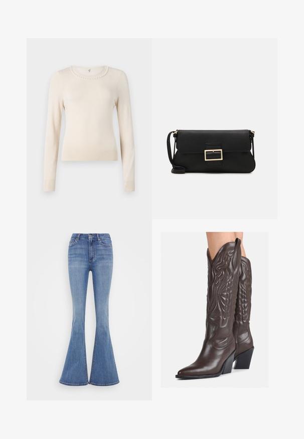 Cream long-sleeve sweater with a round neck, featuring a pearl accent around the collar and ribbed cuffs and hem. Soft texture.; Flared jeans in light blue denim with a high waist, featuring front pockets and a clean hem at the flared bottom.; Brown leather cowboy boots with pointed toe and block heel, featuring detailed stitching and raised accents on the shaft.; Black leather clutch bag with a flap and a gold metal buckle detail. Includes a black strap and a sleek, minimalist design.; Silver hoop earrings with a minimalist design. Circular shape, smooth texture, and thin profile. Lightweight with a polished finish.