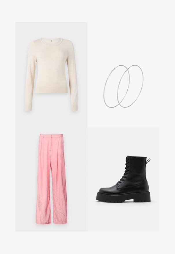Cremefarbener Pulli mit langen Ärmeln und rundem Halsausschnitt, verziert mit einem Perlenakzent am Kragen sowie gerippten Bündchen und Saum. Weiche Textur.; Rosa weite Hosen aus leichtem Stoff mit einem dezenten Blättermuster und Falten, mit einer glatten Textur und tailliertem Bund.; Schwarze Lederstiefeletten mit runder Zehenpartie, Schnürung vorne und einer dicken Gummisohle mit strukturiertem Profil. Mit Zugschlaufe an der Rückseite.; Silberne Creolen mit minimalistischem Design. Rundform, glatte Oberfläche und dünnes Profil. Leichtgewichtig mit hochglänzender Oberfläche.
