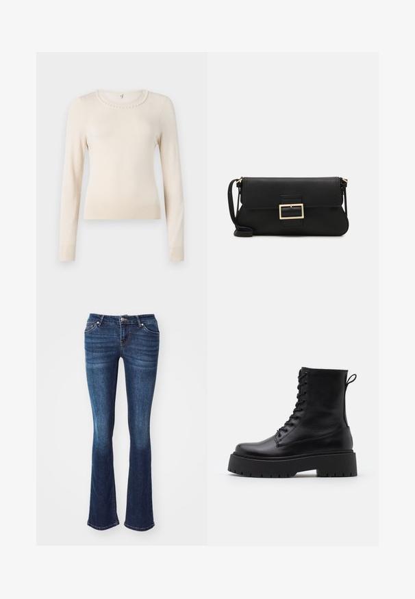 Kreemi pitkähihaine villapaita pyöreällä kauluksella, jossa on helmikoristelu kauluksessa sekä ribbireunat hihoissa ja helmassa. Pehmeä tekstuuri.; Tummansiniset levenevät farkut, jotka on valmistettu denimestä. Ominaisuuksiin kuuluu viisi taskua, vetoketjukiinnitys napilla ja hieno haalistuminen etureisissä.; Musta nahkainen nilkkureita, joissa on pyöreä kärki, nauhakiinnitys edessä ja paksu kumipohja, jossa on teksturoitu pinta. Takana vetotappi.; Musta nahkainen kynäpenkkilaukku, jossa on läppä ja kultainen metallinen solkiyksityiskohta. Mukana musta hihna ja tyylikäs, minimalistinen muotoilu.; Kultaketjut kullasta, joissa on sileä, kiiltävä pinta. Pyöreä muotoilu, jossa on pieni tappi ja kirkas taustalevy turvalliseen käyttöön.