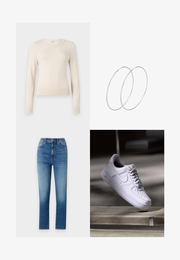 Kreemi pitkähihaine villapaita pyöreällä kauluksella, jossa on helmikoristelu kauluksessa sekä ribbireunat hihoissa ja helmassa. Pehmeä tekstuuri.; Korkeavyötäröiset siniset farkut, jotka on valmistettu denimestä, ominaisuutena suora lahje, viisi taskua ja hienovarainen haalistuminen rakenteen ja yksityiskohtien vuoksi.; Valkoinen Nike Air Force 1 -tossu leijuu betonipinnan yläpuolella varjojen kera minimalistisessa ympäristössä.; Hopehope hopeilla, joissa on minimalistinen muotoilu. Pyöreä muoto, sileä pinta ja ohut profiili. Kevyet ja kiillotetut.