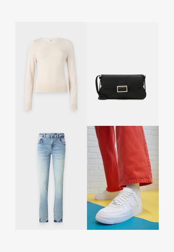 Krémový sveter s dlhým rukávom a okrúhlym výstrihom, s perlovým detailom okolo goliera a rebrovanými manžetami a lemom. Mäkko štrukturovaný materiál.; Svetlomodré denimové džínsy s efektom vyblednutia. Obsahujú päť vreciek, zapínanie na gombík a zips a majú rovný strih. Žiadne viditeľné vzory.; Biele kožené tenisky s perforovanou špičkou, textúrovanou podrážkou a bielymi šnúrkami, spárované so širokými červenými nohavicami na modrom a žltom pozadí.; Čierna kožená clutch taška s klopou a zlatým kovovým detailom s prackou. Obsahuje čierny remienok a elegantný, minimalistický dizajn.; Strieborné kruhové náušnice s minimalistickým dizajnom. Cirkulárny tvar, hladký povrch a tenký profil. Ľahké s lesklým povrchom.