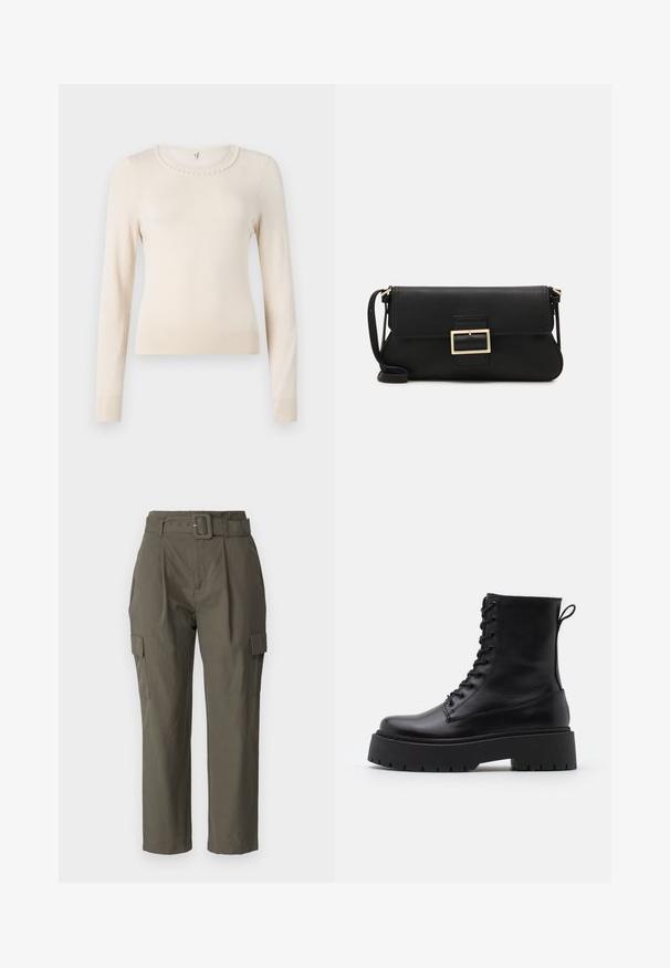 Crème lange mouwen trui met een ronde hals, voorzien van een parelaccent rond de kraag en ribgebreide boorden en zoom. Zachte textuur.; Olijfgroene cargobroeken, gemaakt van lichte stof. Kenmerken zijn onder andere een ceintuur in de taille, voorplooien en zijzakken met klepsluitingen.; Zwarte leren enkelboots met een ronde neus, vetersluiting aan de voorkant en een dikke rubberen zool met een gestructureerd profiel. Trekbandje aan de achterkant.; Zwarte leren clutch met een klep en een gouden metalen sluiting. Inclusief een zwarte schouderband en een slank, minimalistisch ontwerp.; Zilveren hoepel oorbellen met een minimalistisch ontwerp. Cirkelvormig, gladde textuur en dun profiel. Lichtgewicht met een gepolijste afwerking.