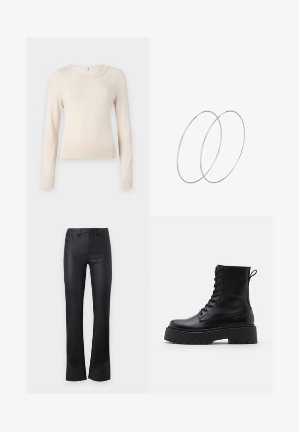 Cream long-sleeve sweater with a round neck, featuring a pearl accent around the collar and ribbed cuffs and hem. Soft texture.; Black flared jeans made of smooth fabric, featuring a front button closure, five pockets, and subtle stitching details.; Black leather ankle boots with a round toe, lace-up front, and a thick rubber sole featuring a textured tread. Pull tab at the back.; Silver hoop earrings with a minimalist design. Circular shape, smooth texture, and thin profile. Lightweight with a polished finish.