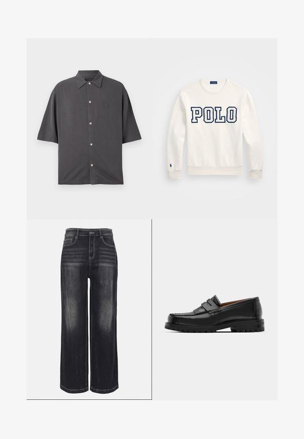 Fehér pulóver, amelyen a "POLO" felirat sötétkék blokkbetűkkel látható, kerek nyakkivágással, hosszú ujjakkal, bordás mandzsettákkal és alsó résszel, valamint egy kis logóval a bal ujján.; Rövid ujjú, sötétszürke ing, puha anyagból készült. Hagyományos gallérja van, rózsaszín gombokkal és egy diszkrét hímzett logóval a mellrészen.; Széles szárú farmernadrág elhalványult fekete denim anyagból, látható varrásokkal, öt zsebbel és gombos derékkal.; Fekete bőr loaferek kiemelkedő varrással, két díszcsíkkal a felső részen és vastag, struktúrált talppal rendelkeznek a jobb tapadás érdekében.