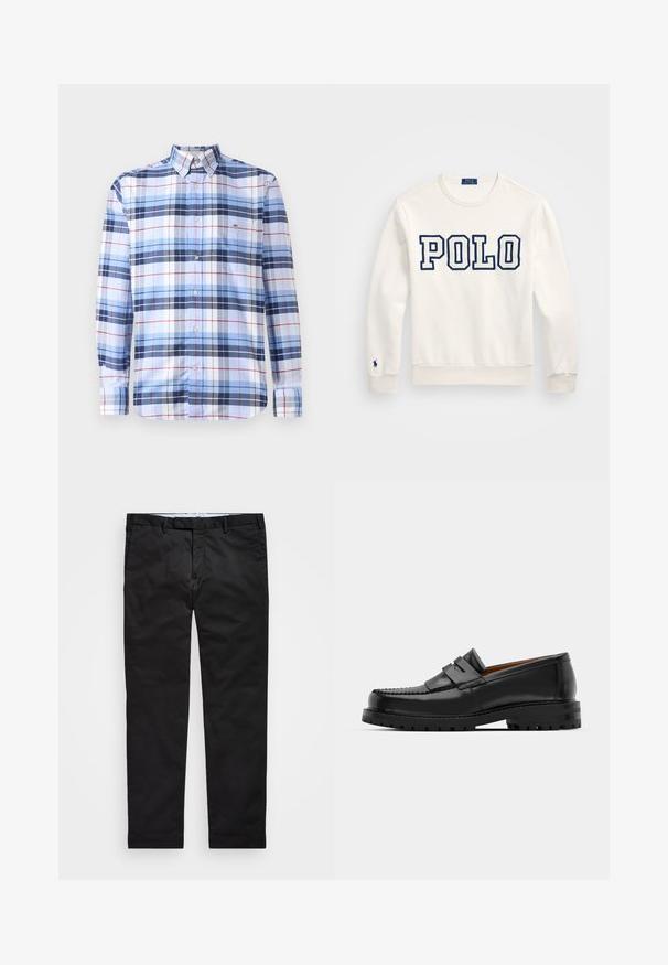 Sweatshirt branca com "POLO" em letras maiúsculas azul-marinho, gola redonda, mangas longas, punhos e bainha canelados, com um pequeno logótipo na manga esquerda.; Camisa de manga longa, com botões, em padrão xadrez azul e branco com detalhes em vermelho. Feita de um tecido trançado, apresenta um colarinho clássico e um detalhe de bolso.; Chinos pretos com um corte reto, feitos de tecido em mistura de algodão, apresentando fecho de zíper, passantes para cinto e bolsos laterais. Textura suave.; Os mocassins de couro preto apresentam uma costura elevada, duas tiras decorativas na parte superior e uma sola grossa e texturizada para maior aderência.