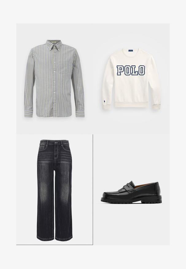 Witte sweatshirts met "POLO" in marineblauwe blokletters, ronde halslijn, lange mouwen, geribde cuffs en zoom, met een klein logo op de linkermouw.; Lichtblauw overhemd met dunne gele strepen, met een kraag, lange mouwen en een borstzak. Afgewerkt met witte knopen.; Wijdere jeans in vervaagd zwarte denim, met zichtbare stiksels, vijf zakken en een knoopsluiting in de taille.; Zwarte leren instappers hebben een verhoogde naad, twee decoratieve banden op de bovenkant en een dikke, gestructureerde zool voor extra grip.
